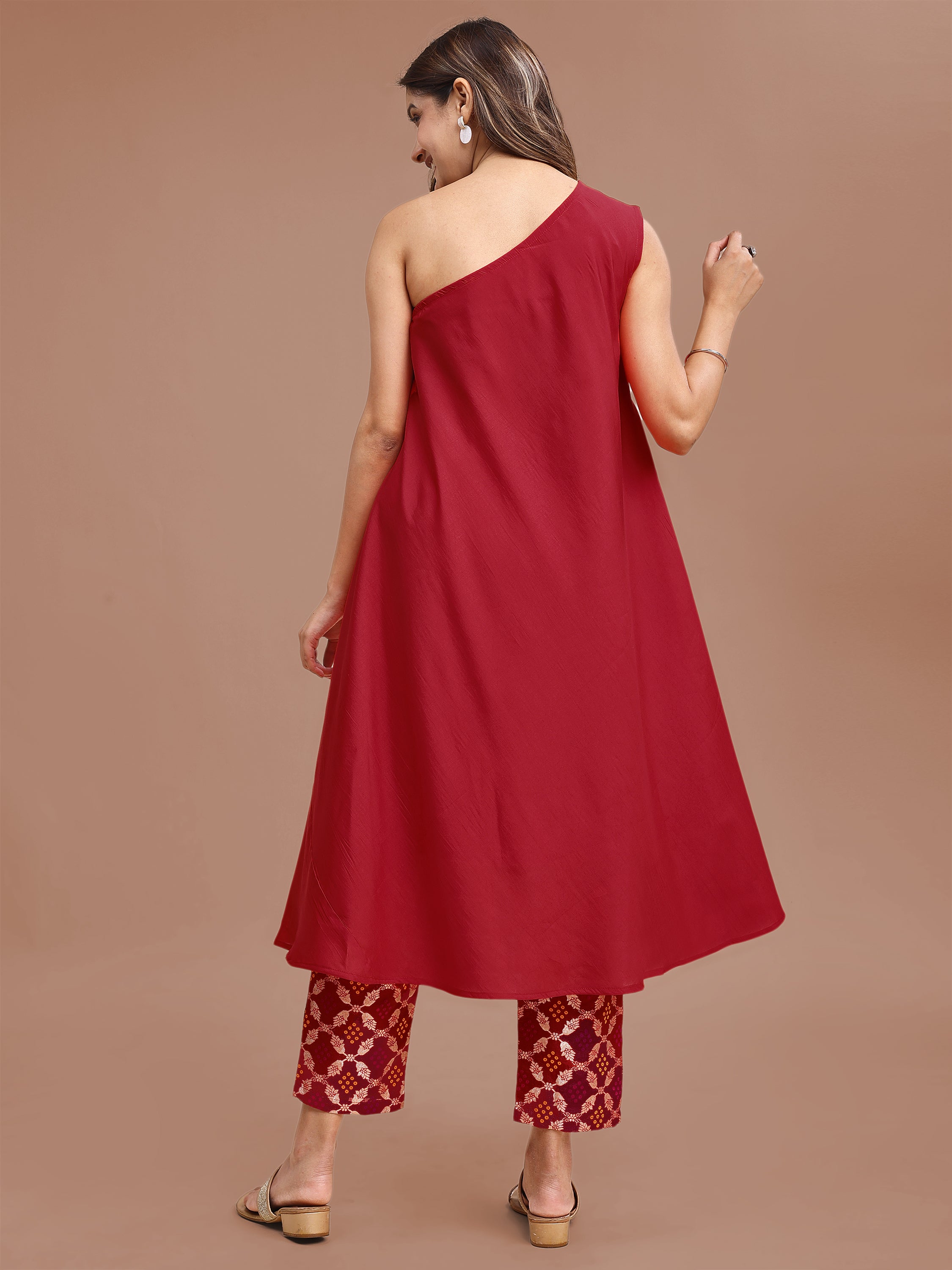 Red Colored Off Shoulder Chanderi Top With Brocade Pant Co-ord Set
